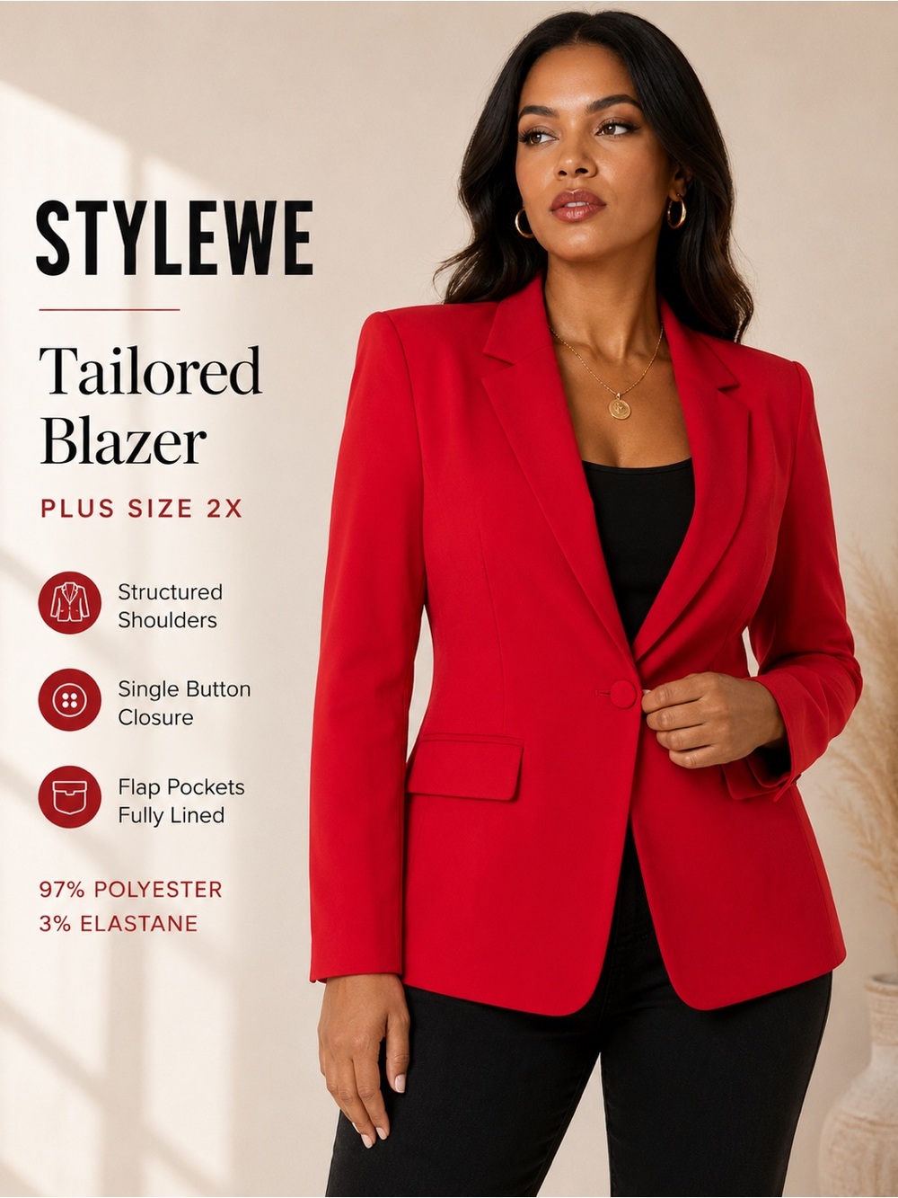 STYLEWE Red Tailored Single Button Blazer Plus Size 2X NWT